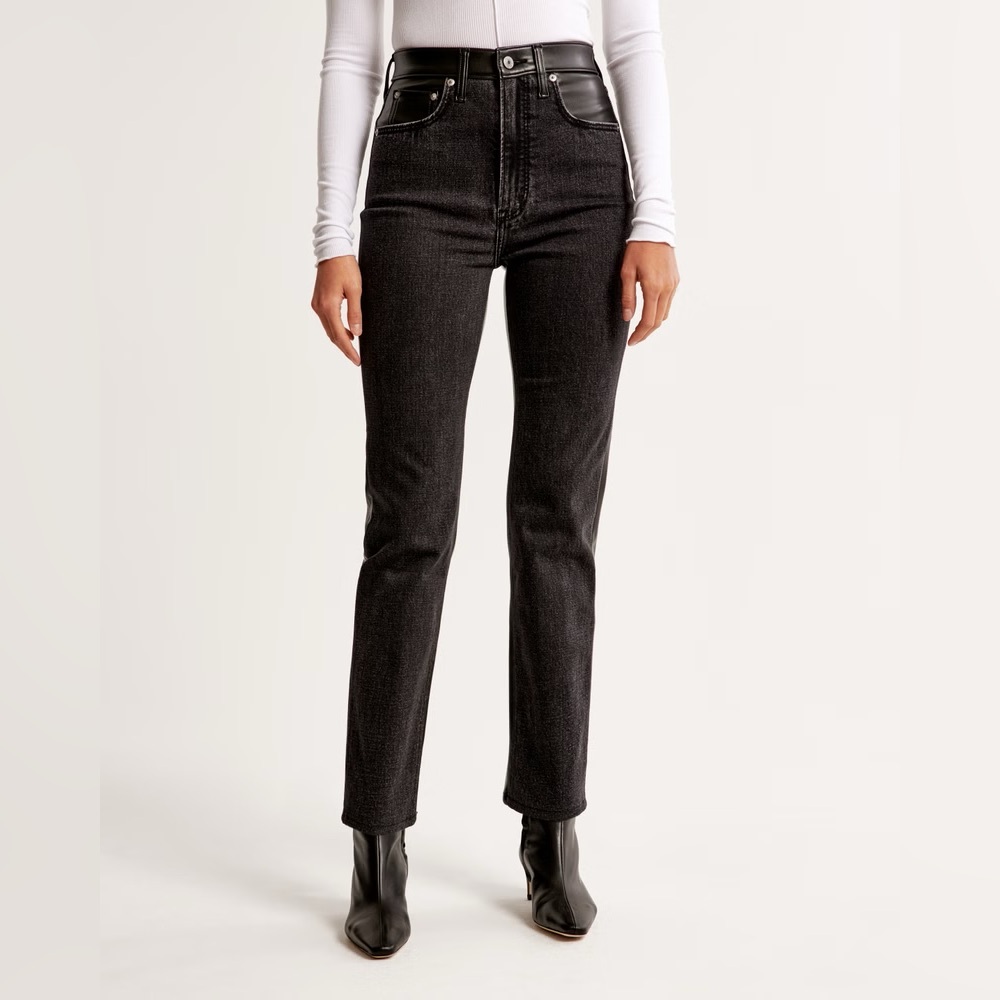 A&F Curve Love Ankle Straight Black Denim Vegan Leather Pants 32